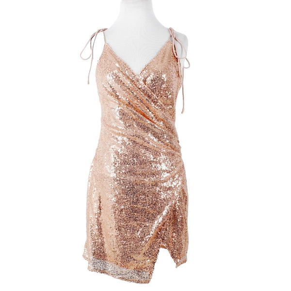 Double Crazy Sz M Peach Full Sequin Front Slit Spaghetti Straps Poly Wrap Dress