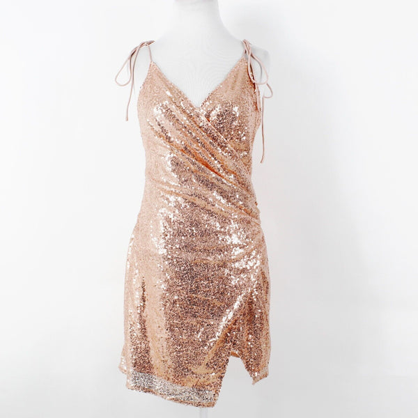 Double Crazy Sz M Peach Full Sequin Front Slit Spaghetti Straps Poly Wrap Dress