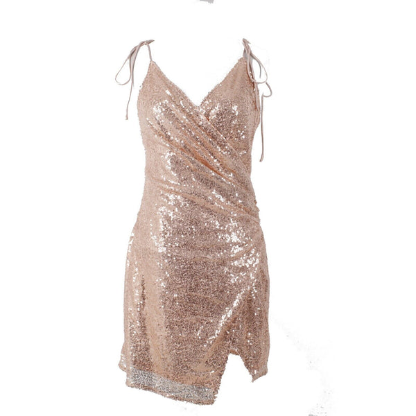 Double Crazy Sz M Peach Full Sequin Front Slit Spaghetti Straps Poly Wrap Dress