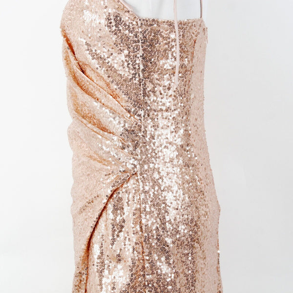 Double Crazy Sz M Peach Full Sequin Front Slit Spaghetti Straps Poly Wrap Dress