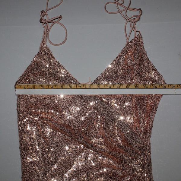 Double Crazy Sz M Peach Full Sequin Front Slit Spaghetti Straps Poly Wrap Dress