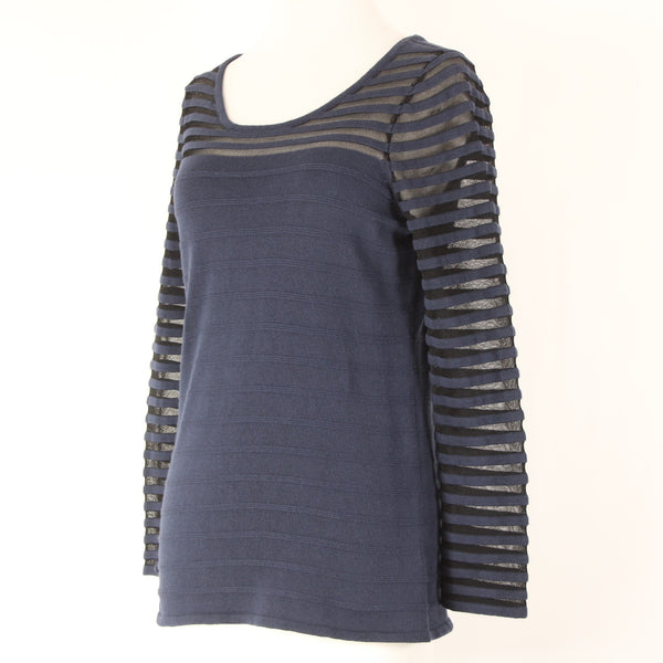 Nic Zoe Sz S Navy Blue Knit w Navy Blue Mesh Inset Bodice Sleeve Detail Sweater