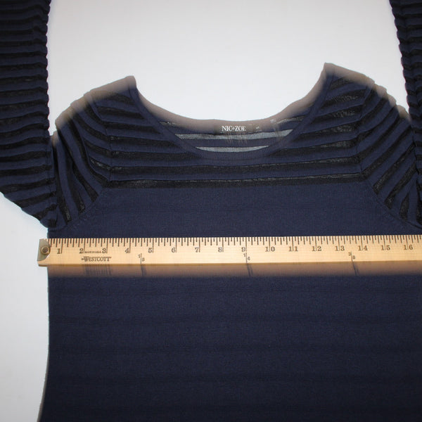 Nic Zoe Sz S Navy Blue Knit w Navy Blue Mesh Inset Bodice Sleeve Detail Sweater