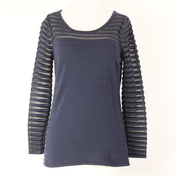 Nic Zoe Sz S Navy Blue Knit w Navy Blue Mesh Inset Bodice Sleeve Detail Sweater