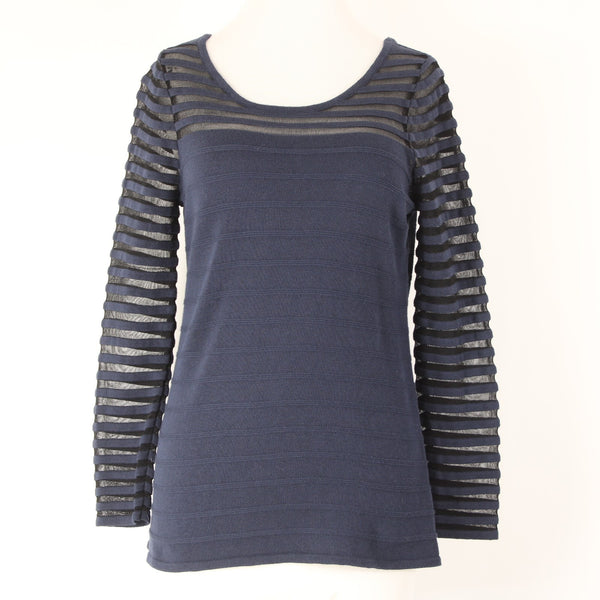 Nic Zoe Sz S Navy Blue Knit w Navy Blue Mesh Inset Bodice Sleeve Detail Sweater