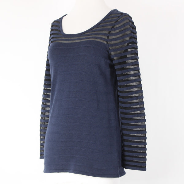 Nic Zoe Sz S Navy Blue Knit w Navy Blue Mesh Inset Bodice Sleeve Detail Sweater