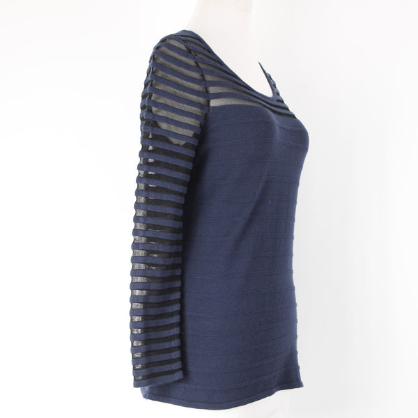 Nic Zoe Sz S Navy Blue Knit w Navy Blue Mesh Inset Bodice Sleeve Detail Sweater
