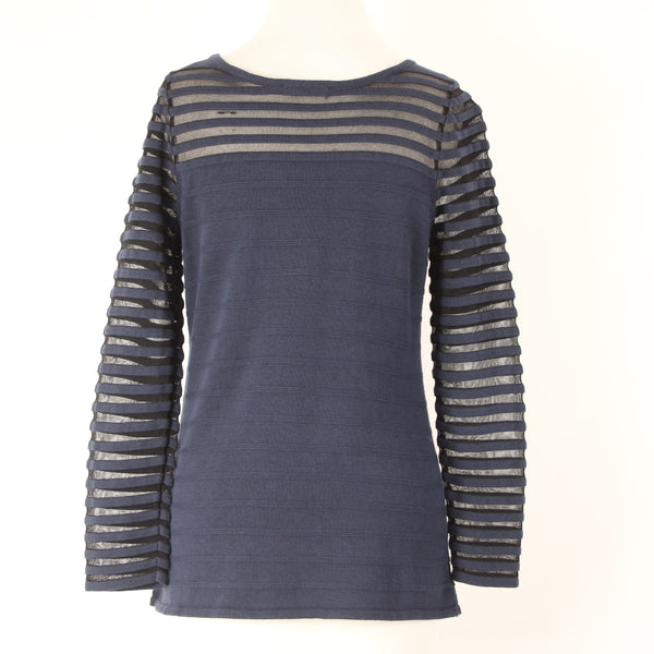 Nic Zoe Sz S Navy Blue Knit w Navy Blue Mesh Inset Bodice Sleeve Detail Sweater
