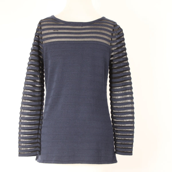 Nic Zoe Sz S Navy Blue Knit w Navy Blue Mesh Inset Bodice Sleeve Detail Sweater
