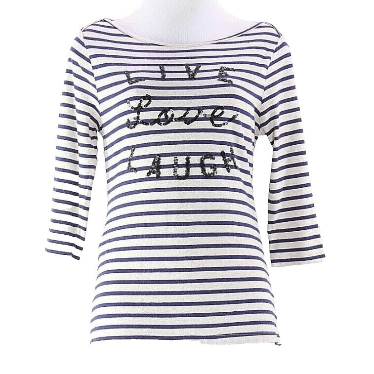 Old Navy Sz SP Cream Navy Stripe Cotton Modal Black Sequin Live Love Laugh Top