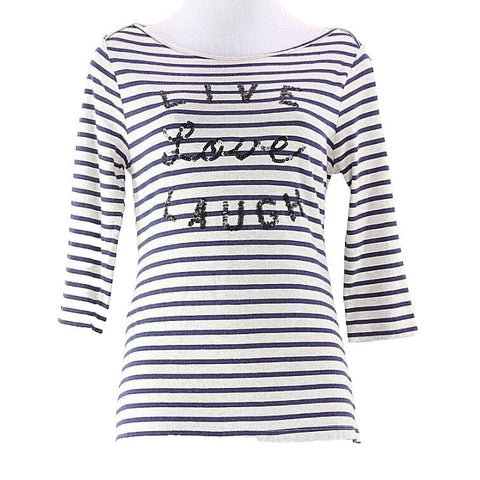 Old Navy Sz SP Cream Navy Stripe Cotton Modal Black Sequin Live Love Laugh Top