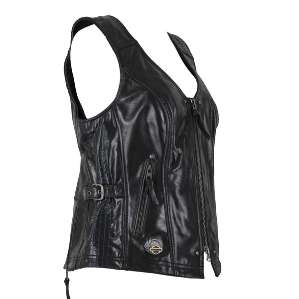 Harley Davidson Sz M Black Lined Zipper Pockets 100% Leather Polyester Vest