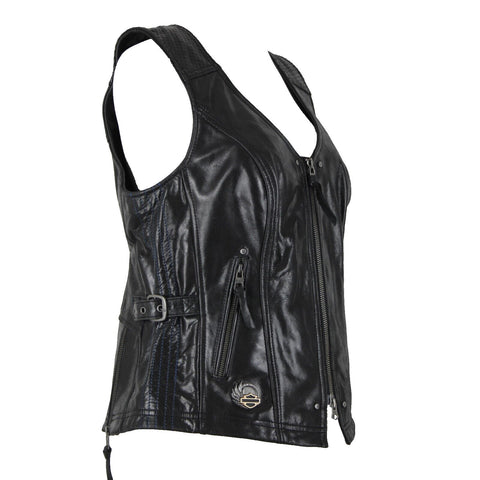 Harley Davidson Sz M Black Lined Zipper Pockets 100% Leather Polyester Vest