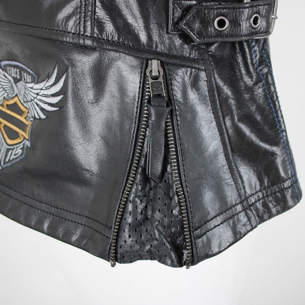Harley Davidson Sz M Black Lined Zipper Pockets 100% Leather Polyester Vest