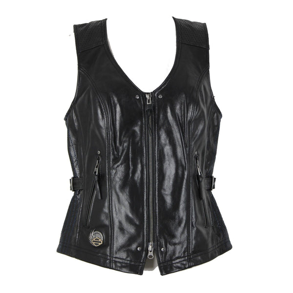 Harley Davidson Sz M Black Lined Zipper Pockets 100% Leather Polyester Vest