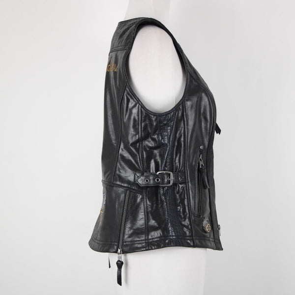 Harley Davidson Sz M Black Lined Zipper Pockets 100% Leather Polyester Vest