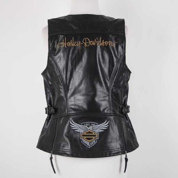 Harley Davidson Sz M Black Lined Zipper Pockets 100% Leather Polyester Vest