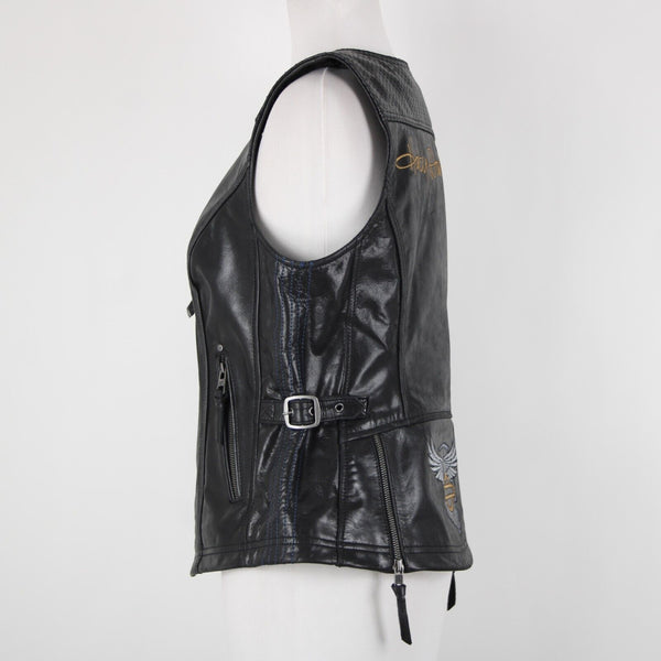 Harley Davidson Sz M Black Lined Zipper Pockets 100% Leather Polyester Vest