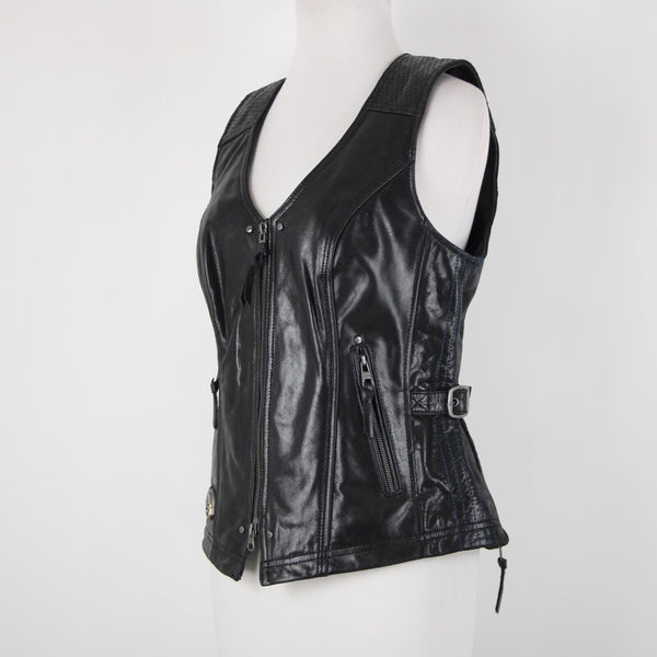Harley Davidson Sz M Black Lined Zipper Pockets 100% Leather Polyester Vest