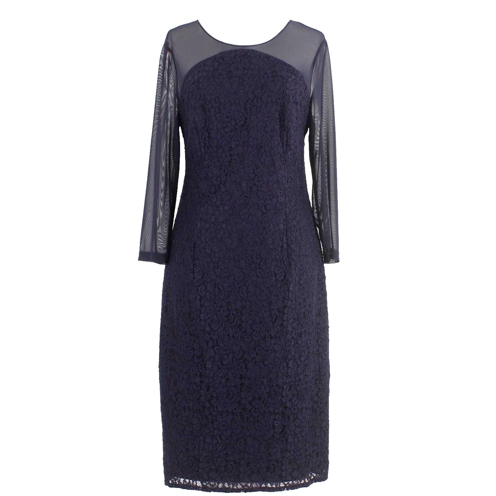 Adrianna Papell Sz 10 Navy Blue Sheer Arms Lined Viscose Blend Dress