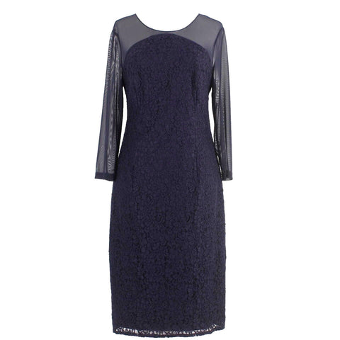 Adrianna Papell Sz 10 Navy Blue Sheer Arms Lined Viscose Blend Dress