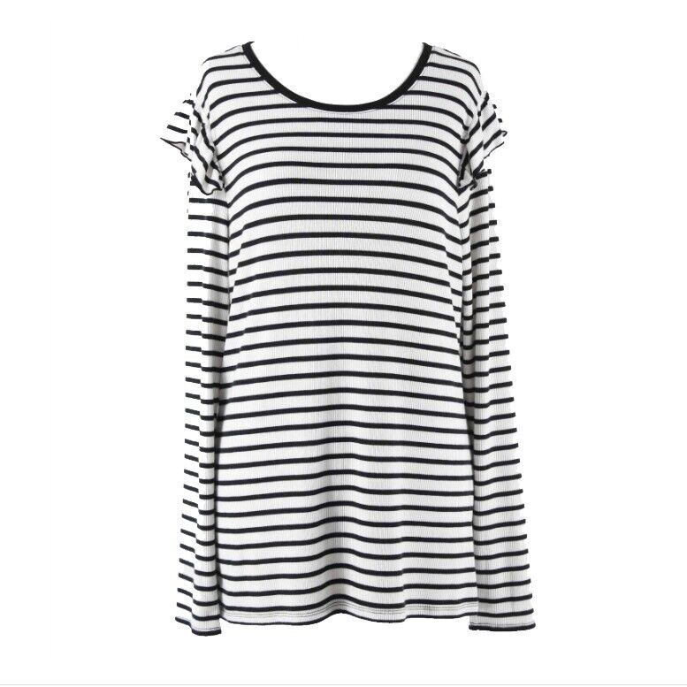 Maison Jules Sz XL White Black Striped Ruffle Shoulders Poly Blend Top