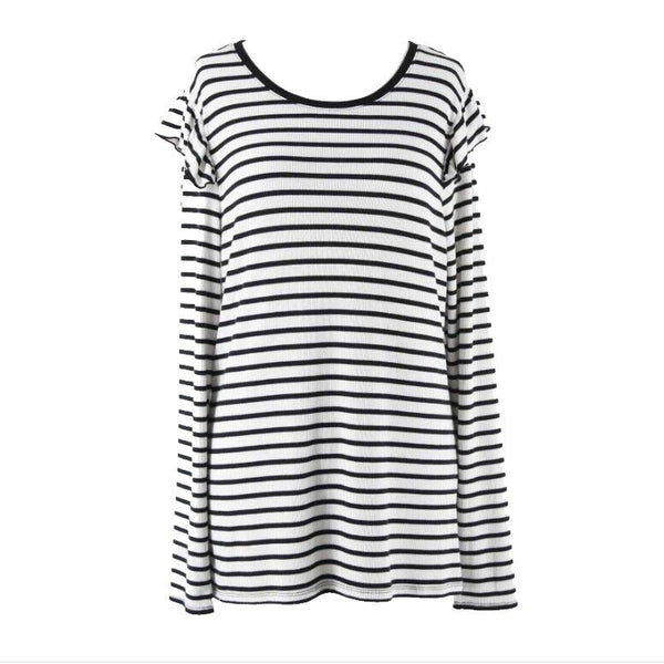 Maison Jules Sz XL White Black Striped Ruffle Shoulders Poly Blend Top