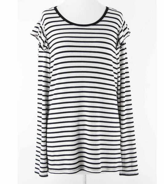 Maison Jules Sz XL White Black Striped Ruffle Shoulders Poly Blend Top