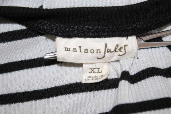 Maison Jules Sz XL White Black Striped Ruffle Shoulders Poly Blend Top