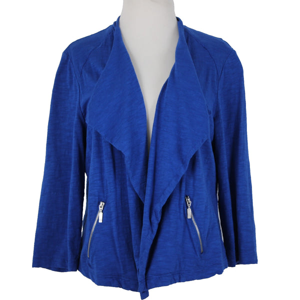 Chicos Sz 1 Royal Blue Silver Draped Collar Pockets Cotton Modal Wrap Sweater