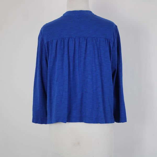 Chicos Sz 1 Royal Blue Silver Draped Collar Pockets Cotton Modal Wrap Sweater