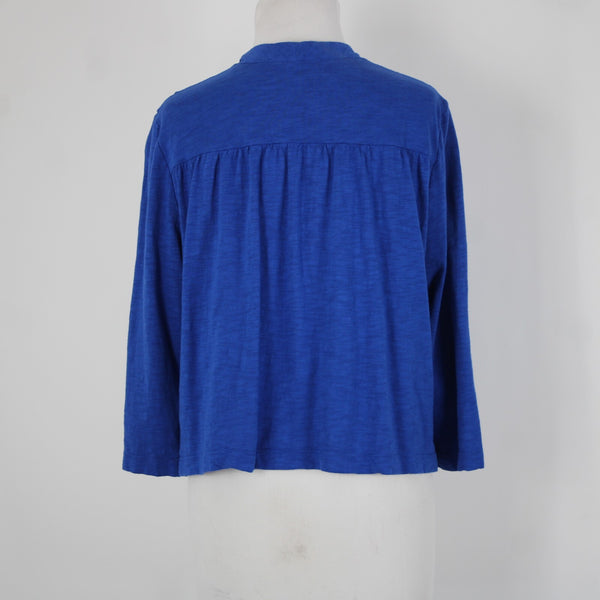 Chicos Sz 1 Royal Blue Silver Draped Collar Pockets Cotton Modal Wrap Sweater