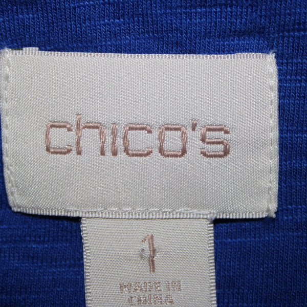 Chicos Sz 1 Royal Blue Silver Draped Collar Pockets Cotton Modal Wrap Sweater