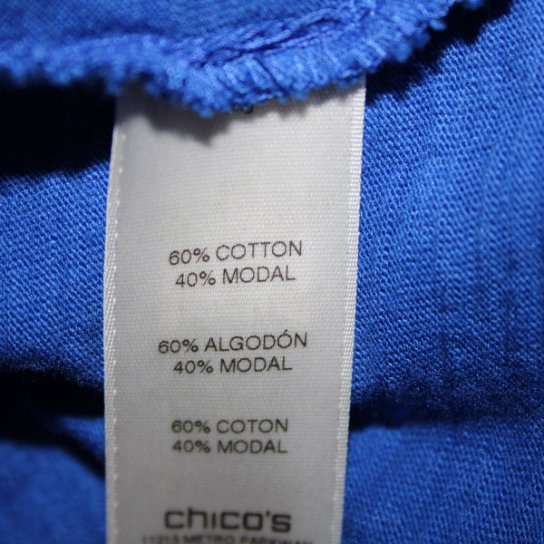 Chicos Sz 1 Royal Blue Silver Draped Collar Pockets Cotton Modal Wrap Sweater
