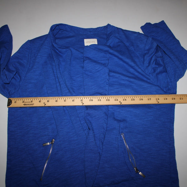 Chicos Sz 1 Royal Blue Silver Draped Collar Pockets Cotton Modal Wrap Sweater
