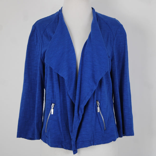 Chicos Sz 1 Royal Blue Silver Draped Collar Pockets Cotton Modal Wrap Sweater