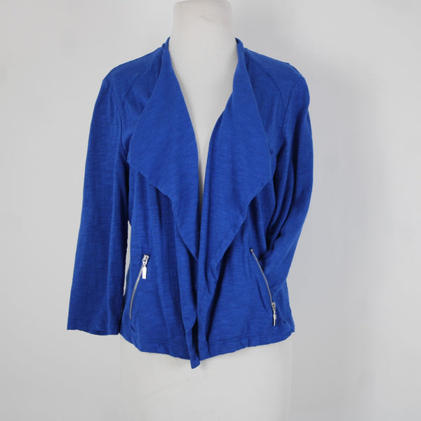 Chicos Sz 1 Royal Blue Silver Draped Collar Pockets Cotton Modal Wrap Sweater