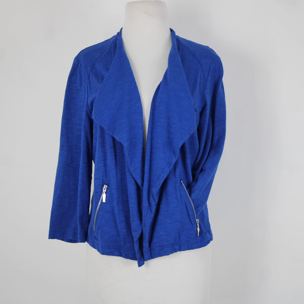 Chicos Sz 1 Royal Blue Silver Draped Collar Pockets Cotton Modal Wrap Sweater