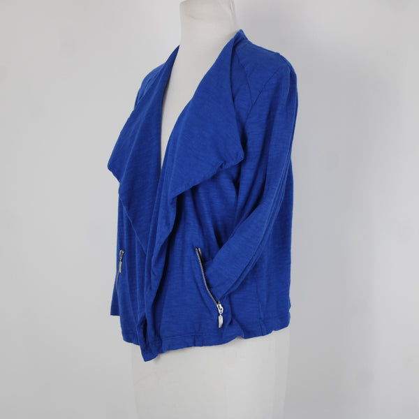 Chicos Sz 1 Royal Blue Silver Draped Collar Pockets Cotton Modal Wrap Sweater
