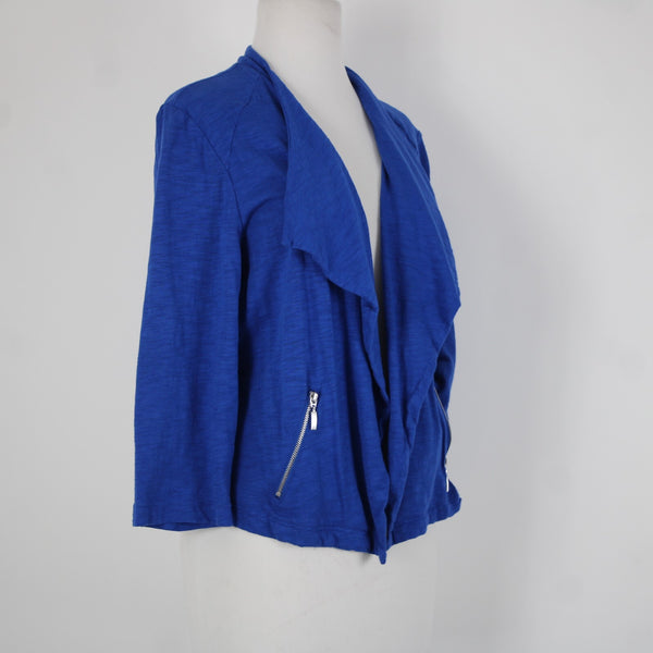 Chicos Sz 1 Royal Blue Silver Draped Collar Pockets Cotton Modal Wrap Sweater