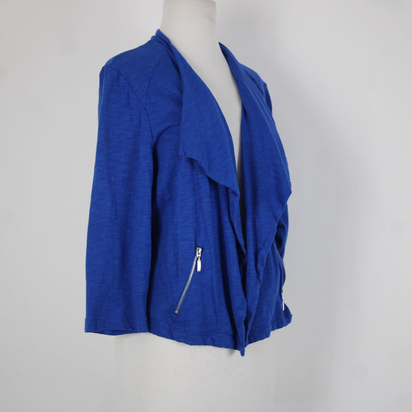 Chicos Sz 1 Royal Blue Silver Draped Collar Pockets Cotton Modal Wrap Sweater