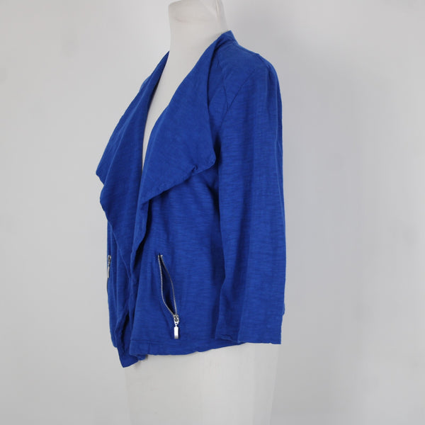 Chicos Sz 1 Royal Blue Silver Draped Collar Pockets Cotton Modal Wrap Sweater