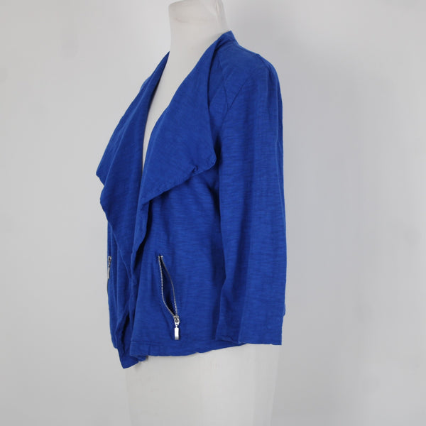 Chicos Sz 1 Royal Blue Silver Draped Collar Pockets Cotton Modal Wrap Sweater