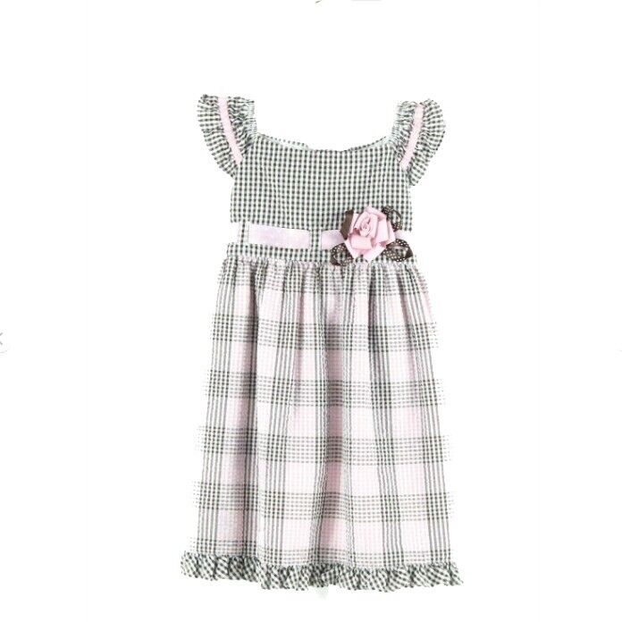 Rare Too Sz 4T White Brown Pink Check Flower Ribbon Cotton Blend Girls Dress