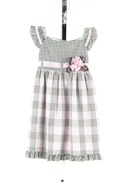 Rare Too Sz 4T White Brown Pink Check Flower Ribbon Cotton Blend Girls Dress