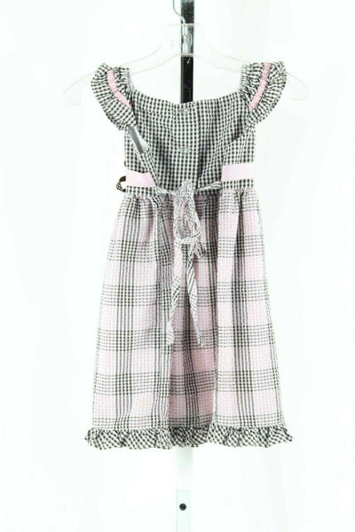 Rare Too Sz 4T White Brown Pink Check Flower Ribbon Cotton Blend Girls Dress