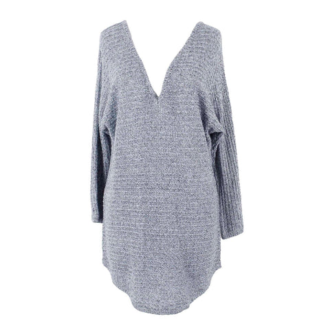 Soho NYC NEW $47 Sz M Blue Multi V Neck Round Hi Lo Texture Acrylic Knit Sweater