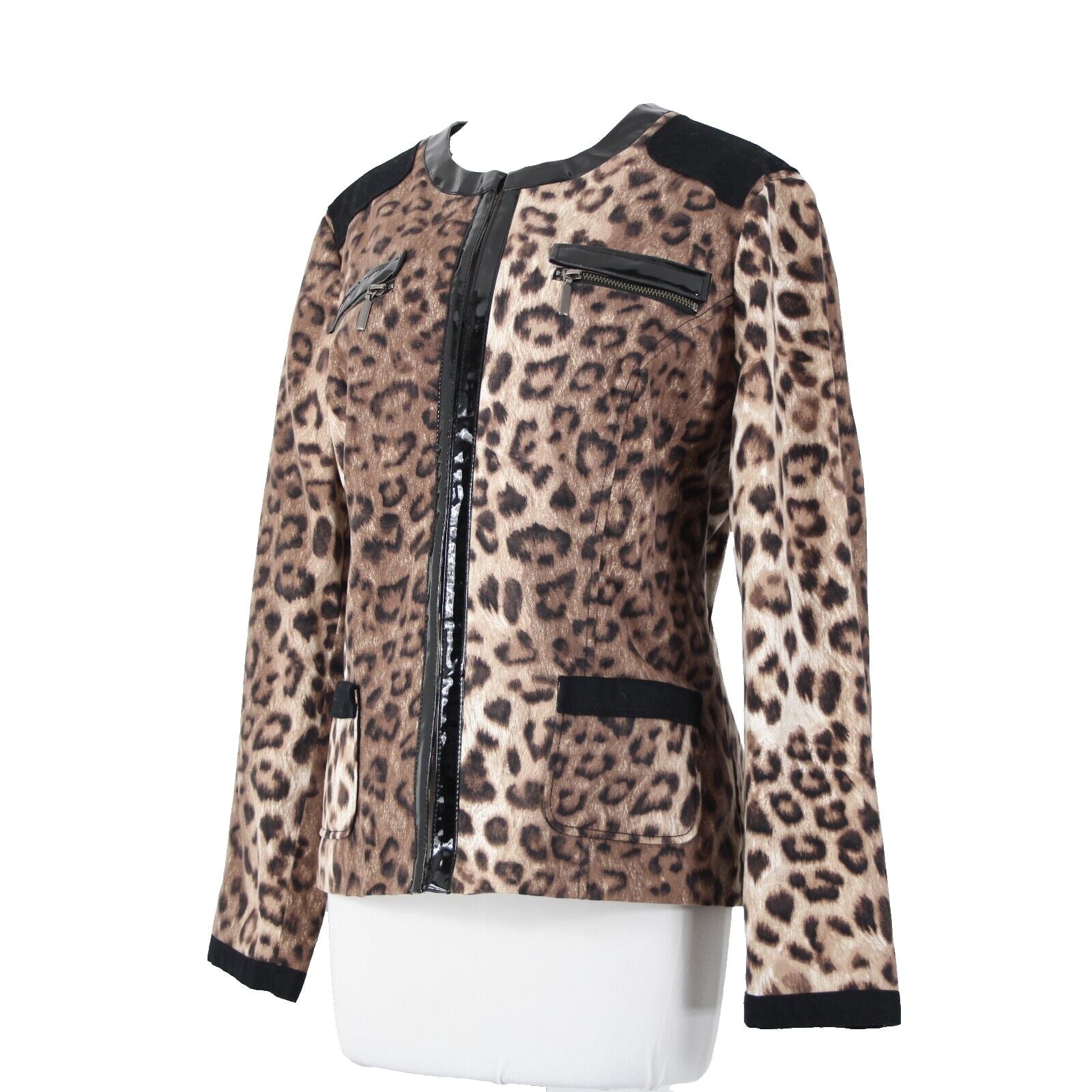Chicos Sz 2 Brown Black Animal Print Faux Leather Trim Cotton Poly Jacket