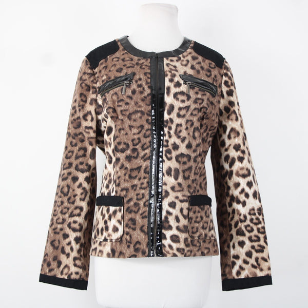 Chicos Sz 2 Brown Black Animal Print Faux Leather Trim Cotton Poly Jacket