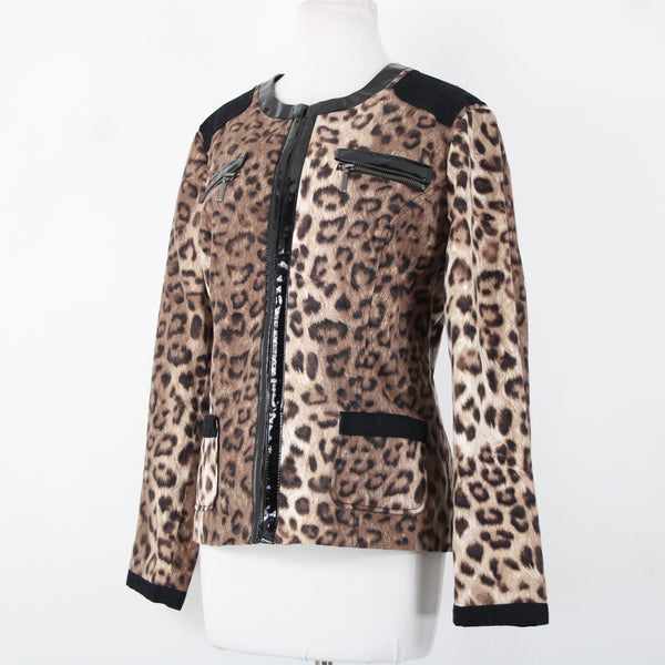 Chicos Sz 2 Brown Black Animal Print Faux Leather Trim Cotton Poly Jacket